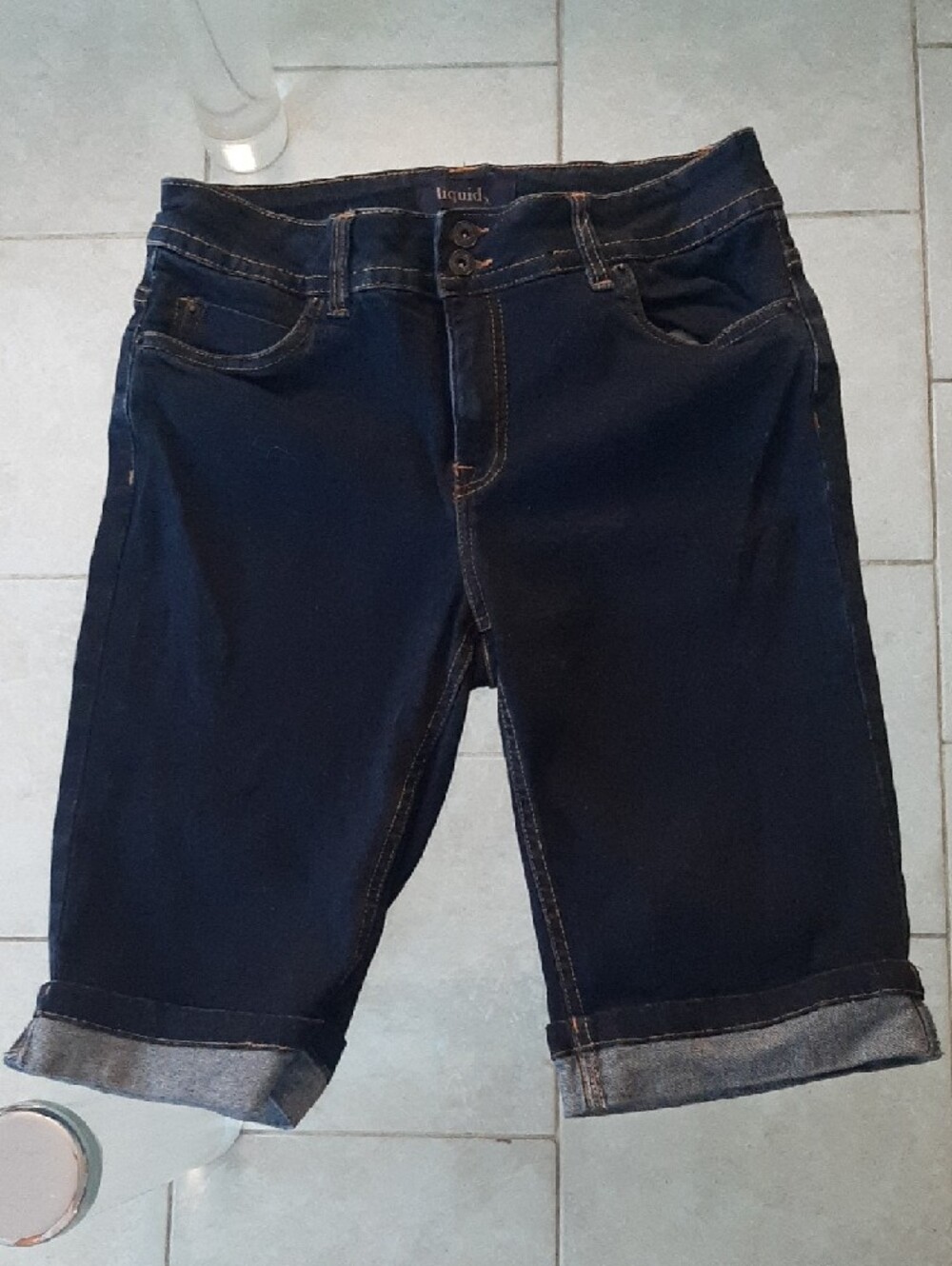 LIQUID💧Dark Blue Boyfriend Jeans Shorts – Rolled Cuff Sz 9/10 with Stretch - Picture 2 of 8
